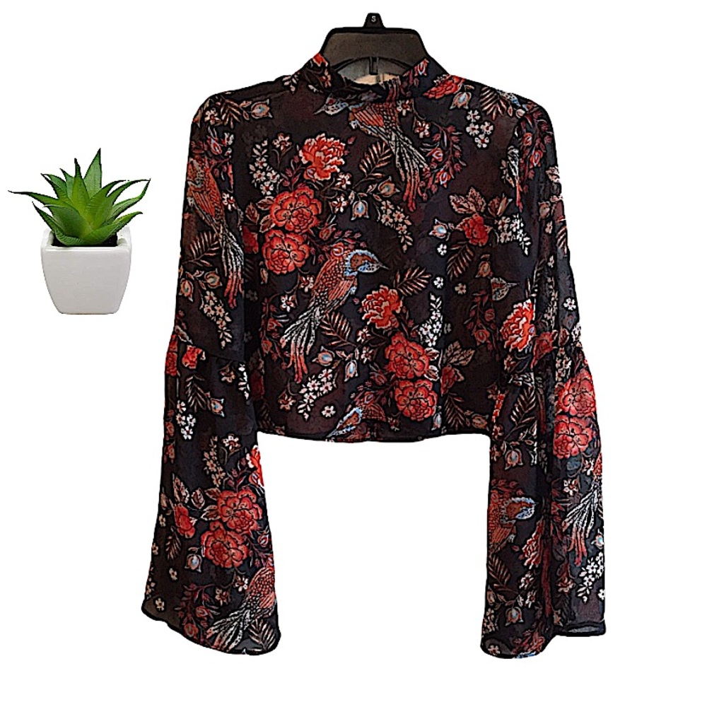 Forever 21 Black Floral Mock Neck Crop Top with Bell Sleeves